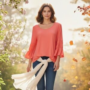 Coral Pink Flowy Blouse Smocked Bell Sleeves Women’s Top